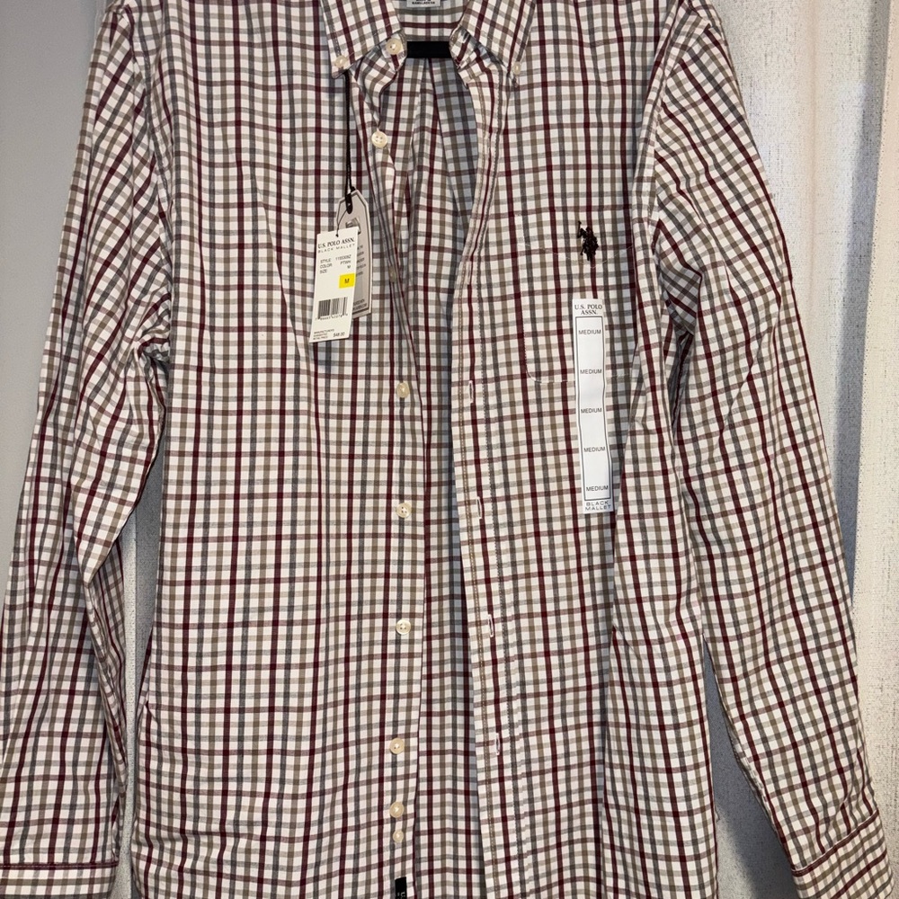 U.S. Polo Assn. Men's Checkered Button Down Shirt - Burgundy and White